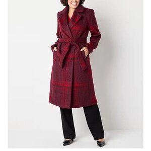 LIZ CLAIBORNE Long Midweight Belted Women's Trench Coat Red Plaid - Size S - NWT